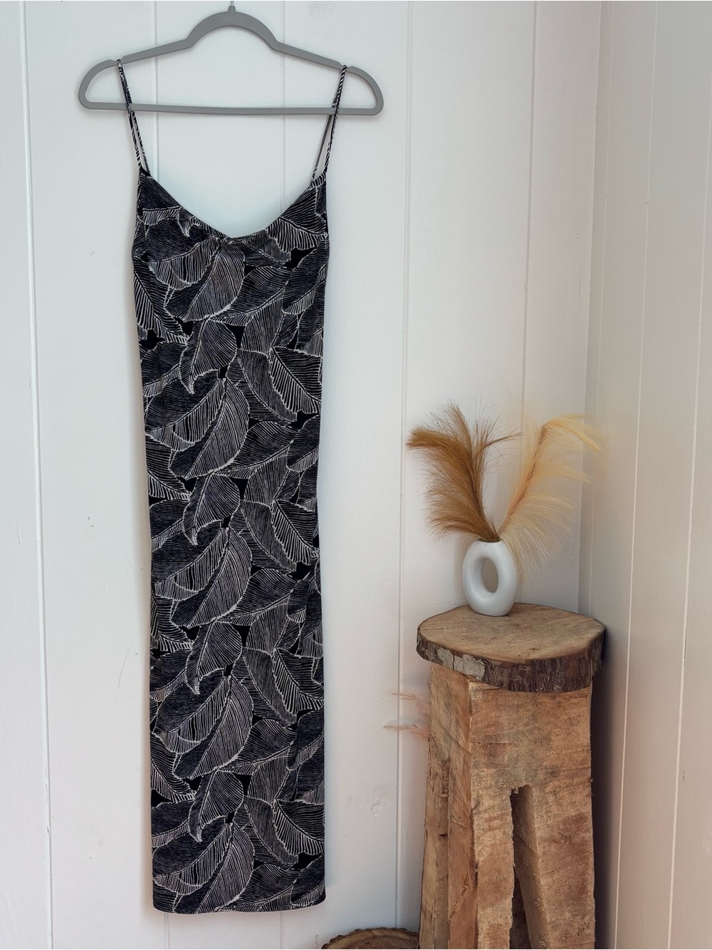 Papermoon Black and White Leaf-Print Slip Dress